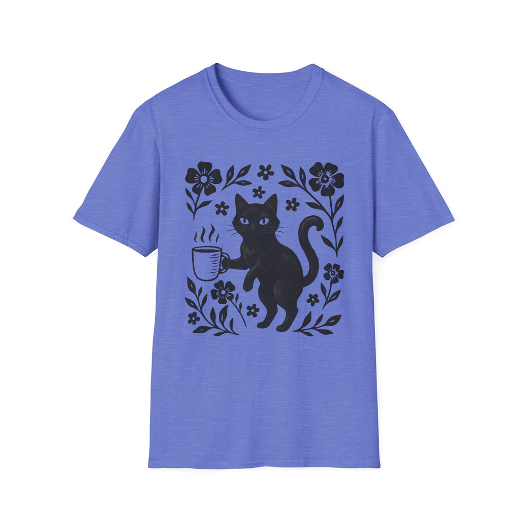 Black Cat & Coffee with Flowers T-Shirt