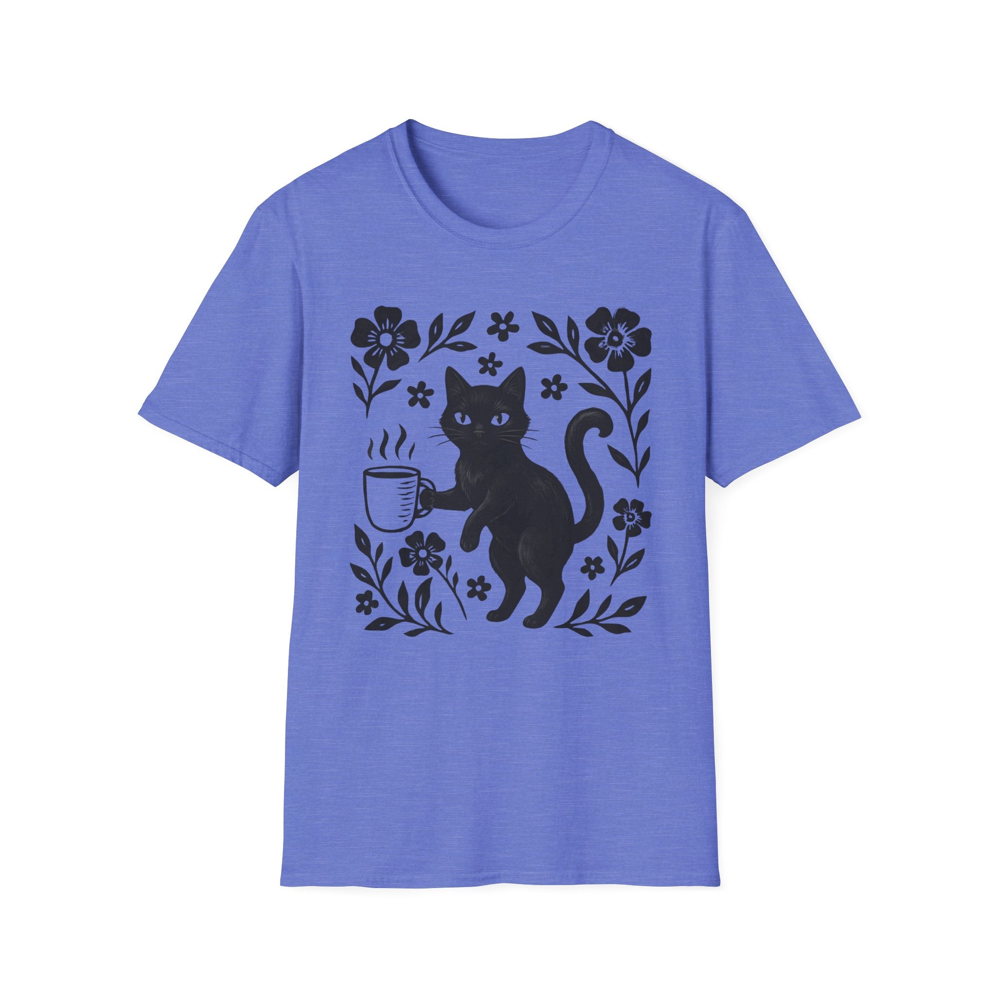 Black Cat & Coffee with Flowers T-Shirt