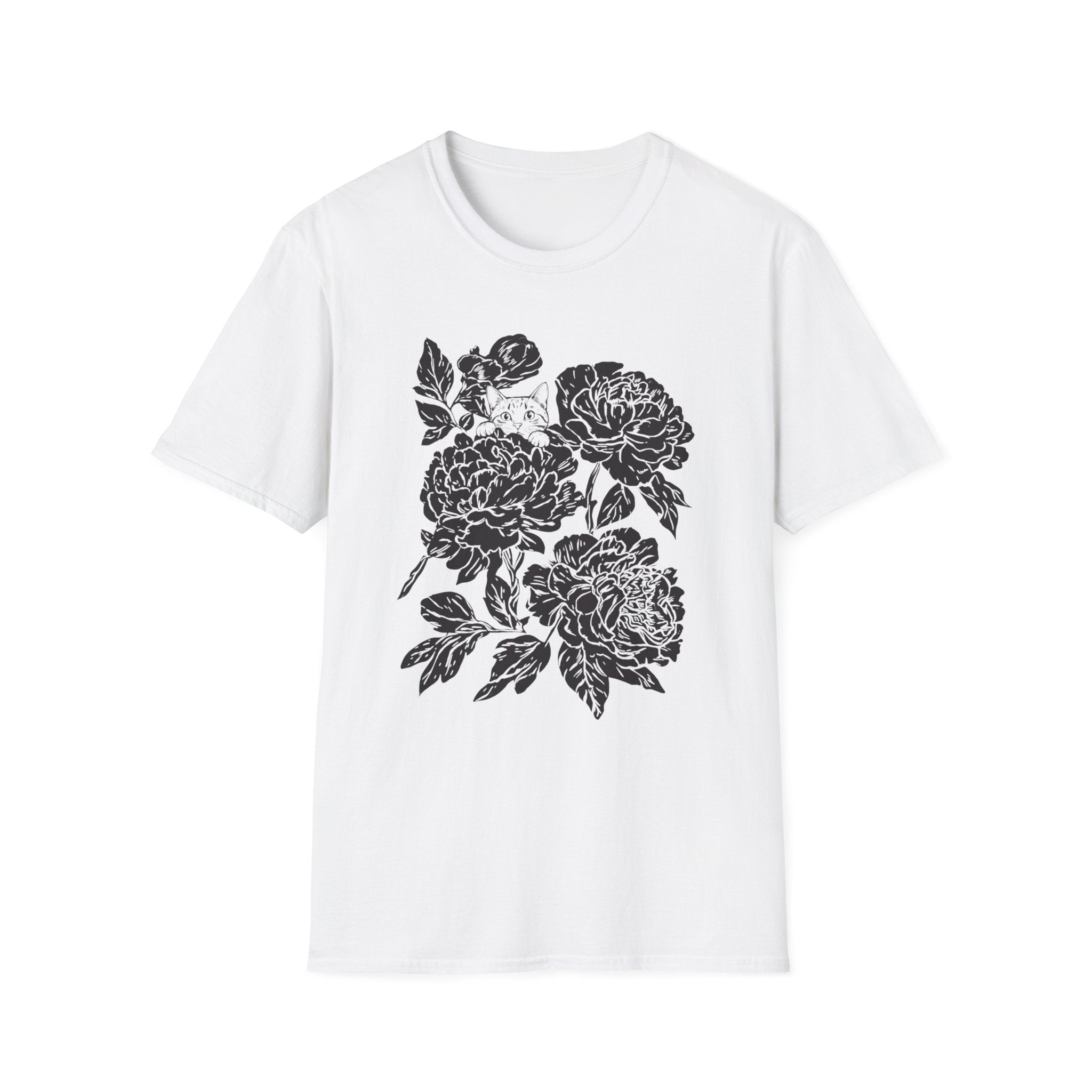 Cat Hiding in Black Flowers T-Shirt