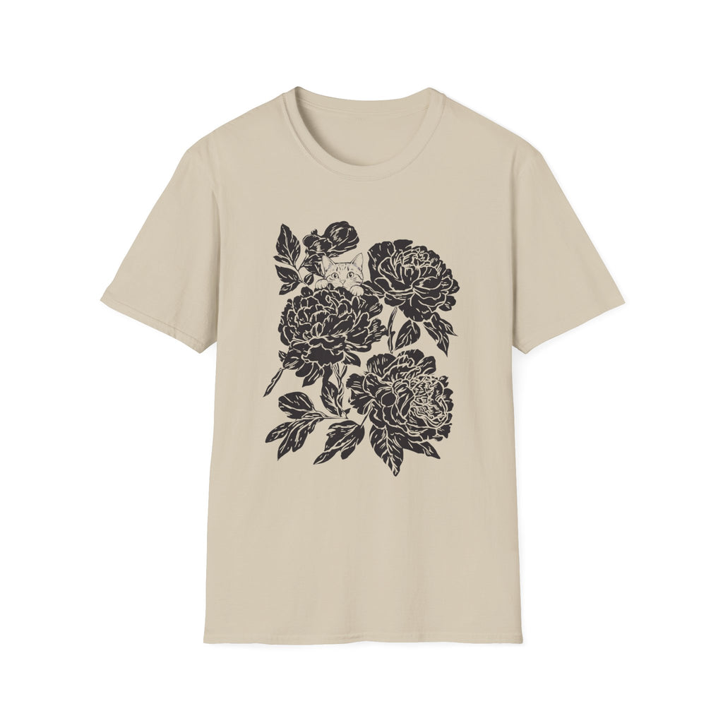 Cat Hiding in Black Flowers T-Shirt