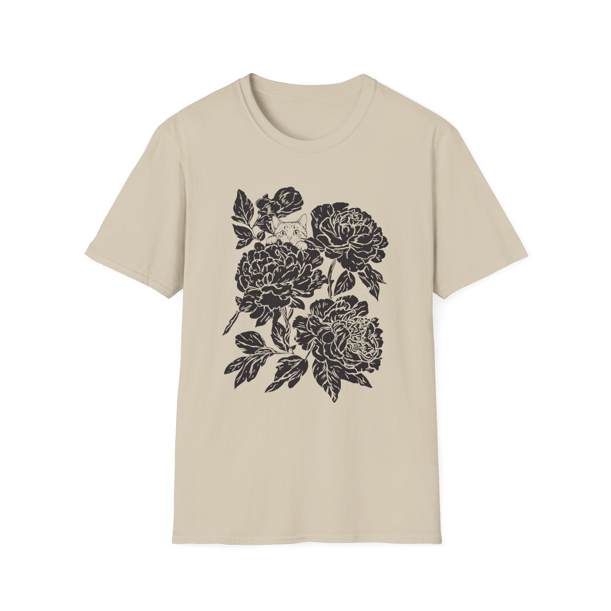 Cat Hiding in Black Flowers T-Shirt