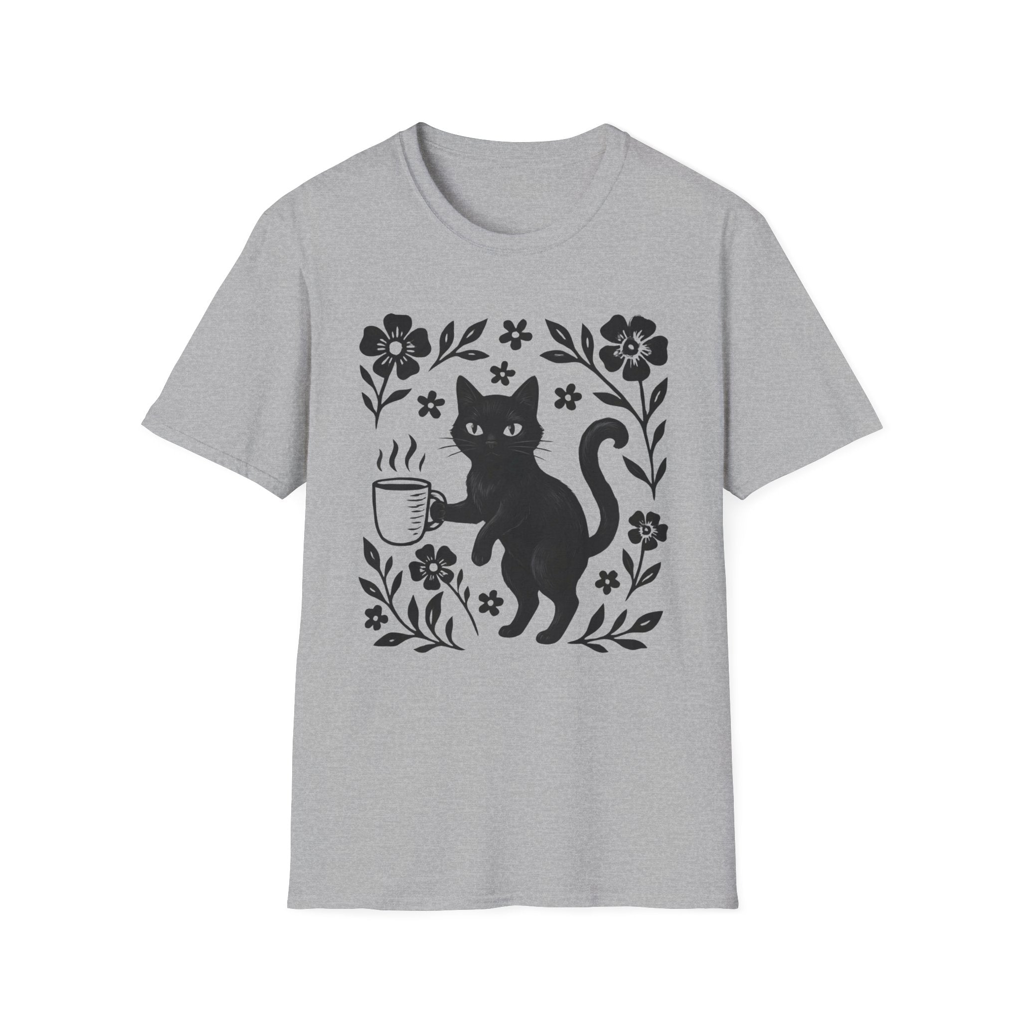 Black Cat & Coffee with Flowers T-Shirt