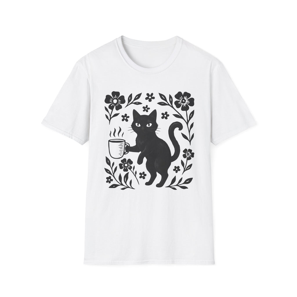 Black Cat & Coffee with Flowers T-Shirt