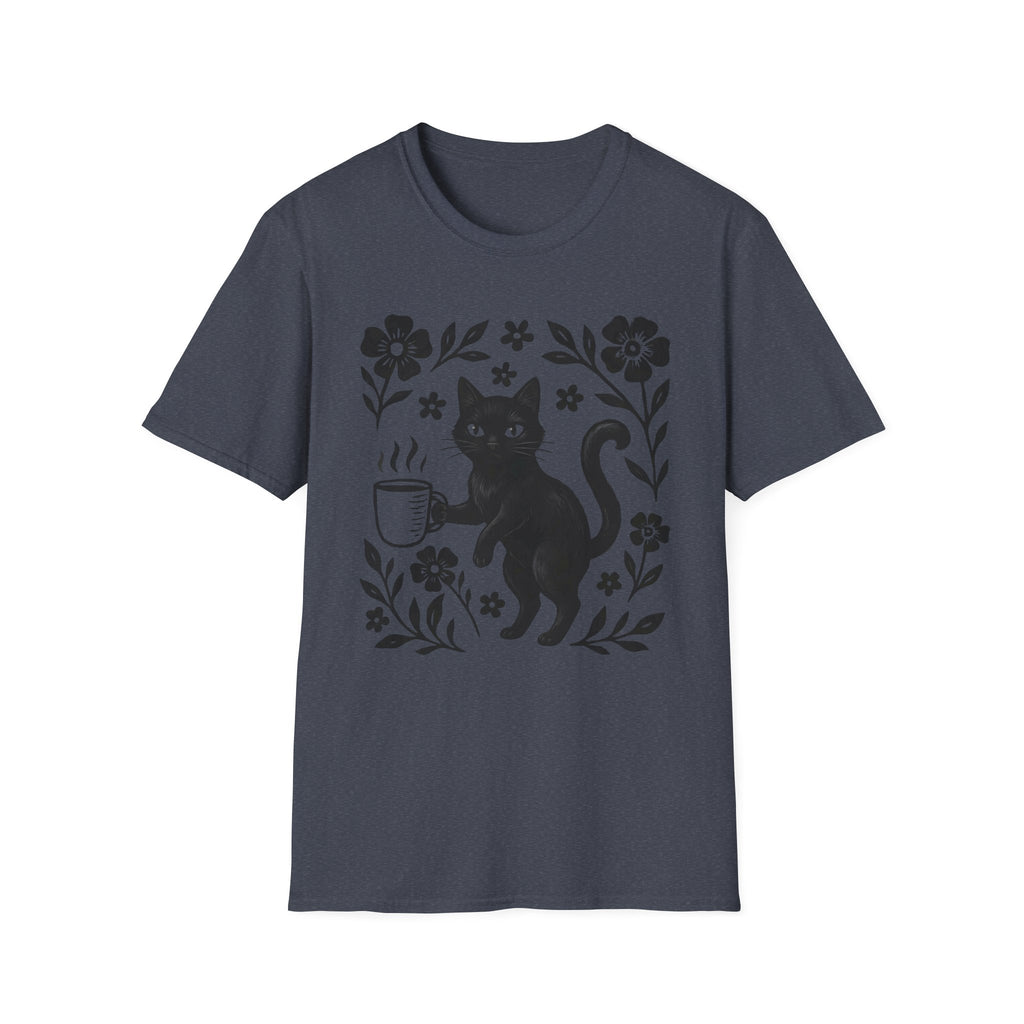 Black Cat & Coffee with Flowers T-Shirt