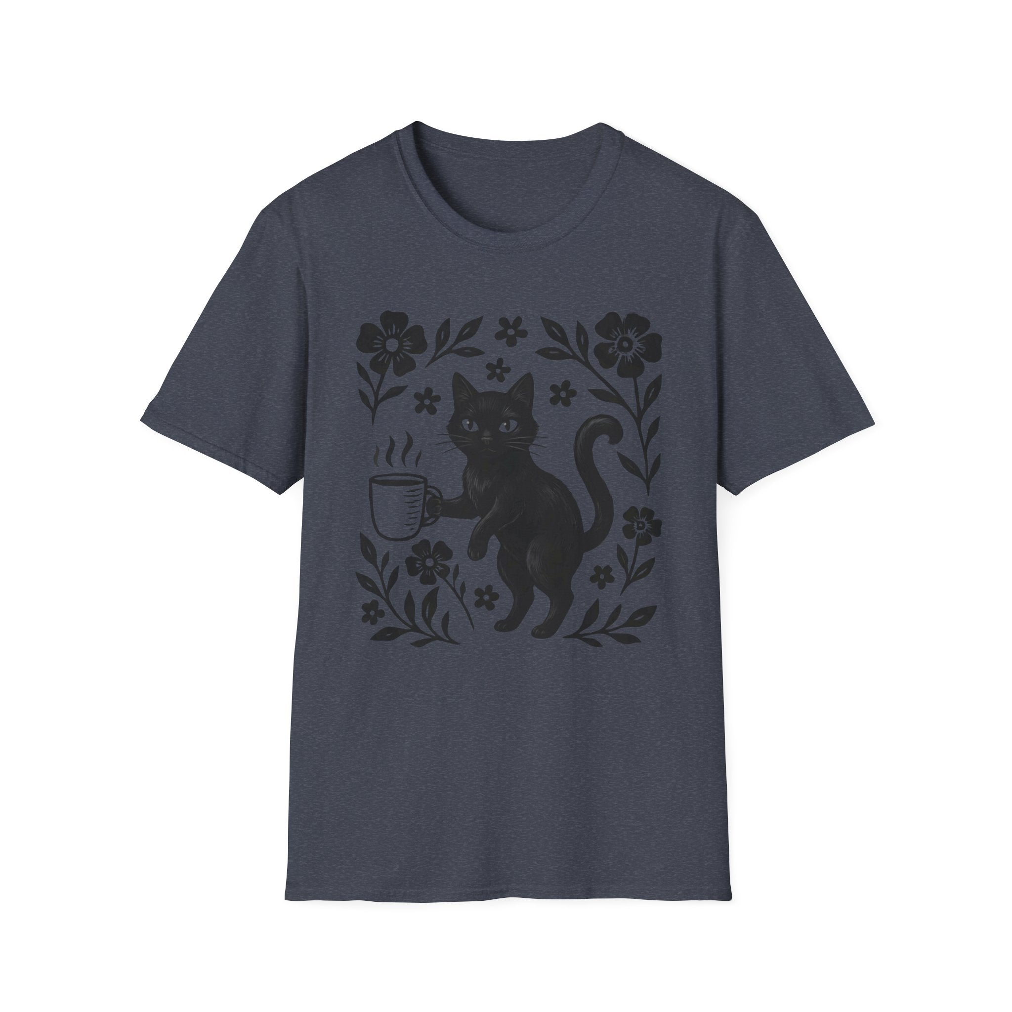 Black Cat & Coffee with Flowers T-Shirt