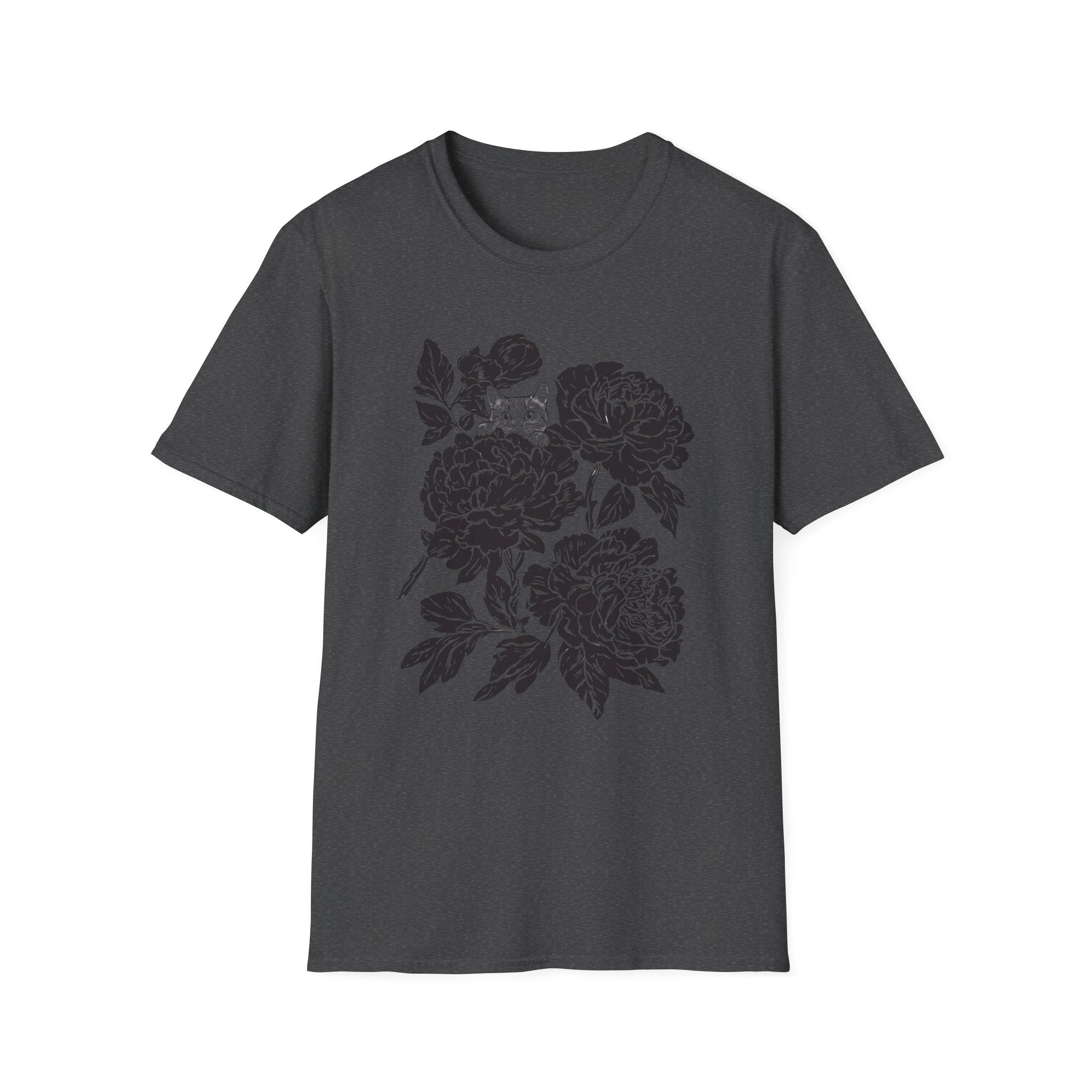 Cat Hiding in Black Flowers T-Shirt