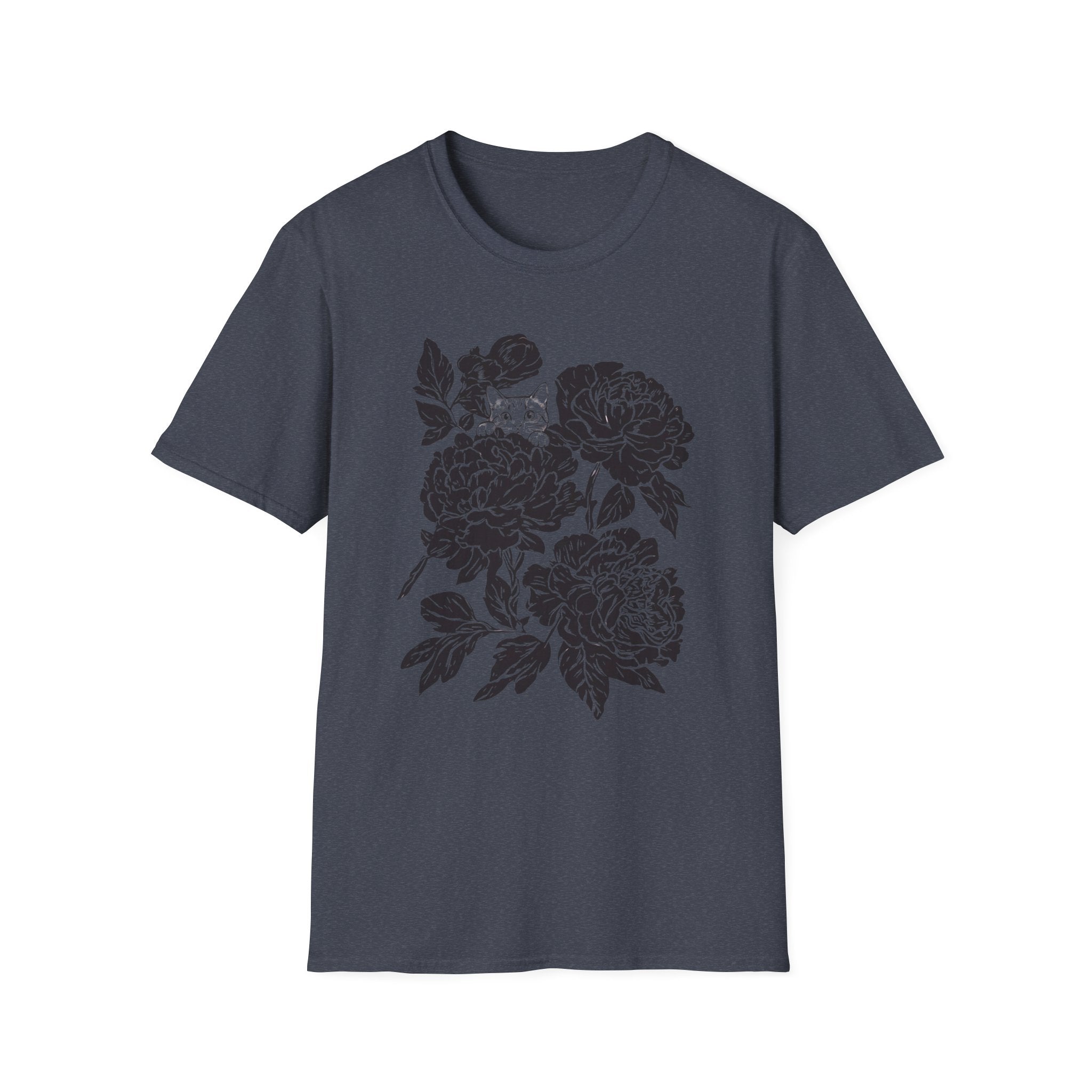 Cat Hiding in Black Flowers T-Shirt