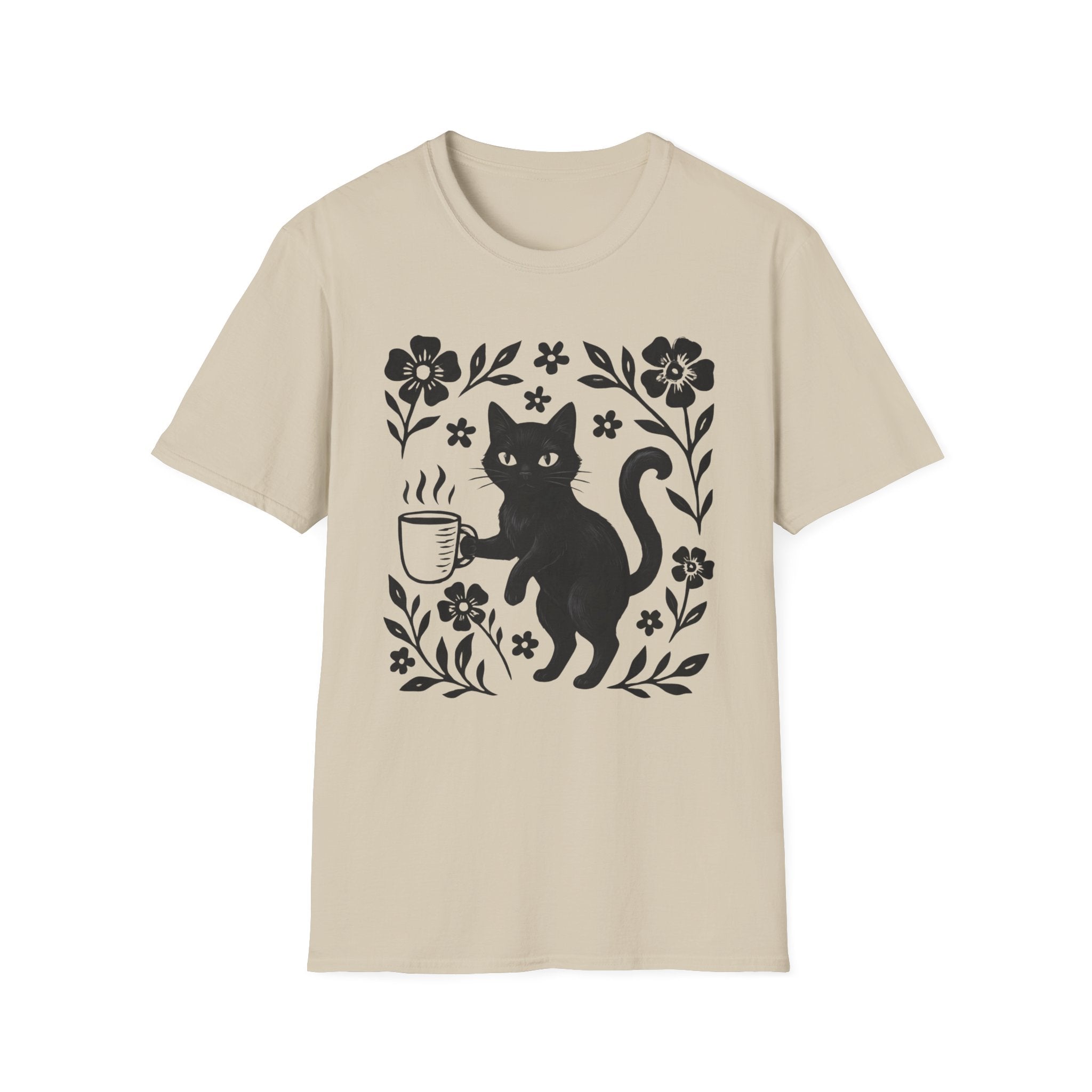 Black Cat & Coffee with Flowers T-Shirt