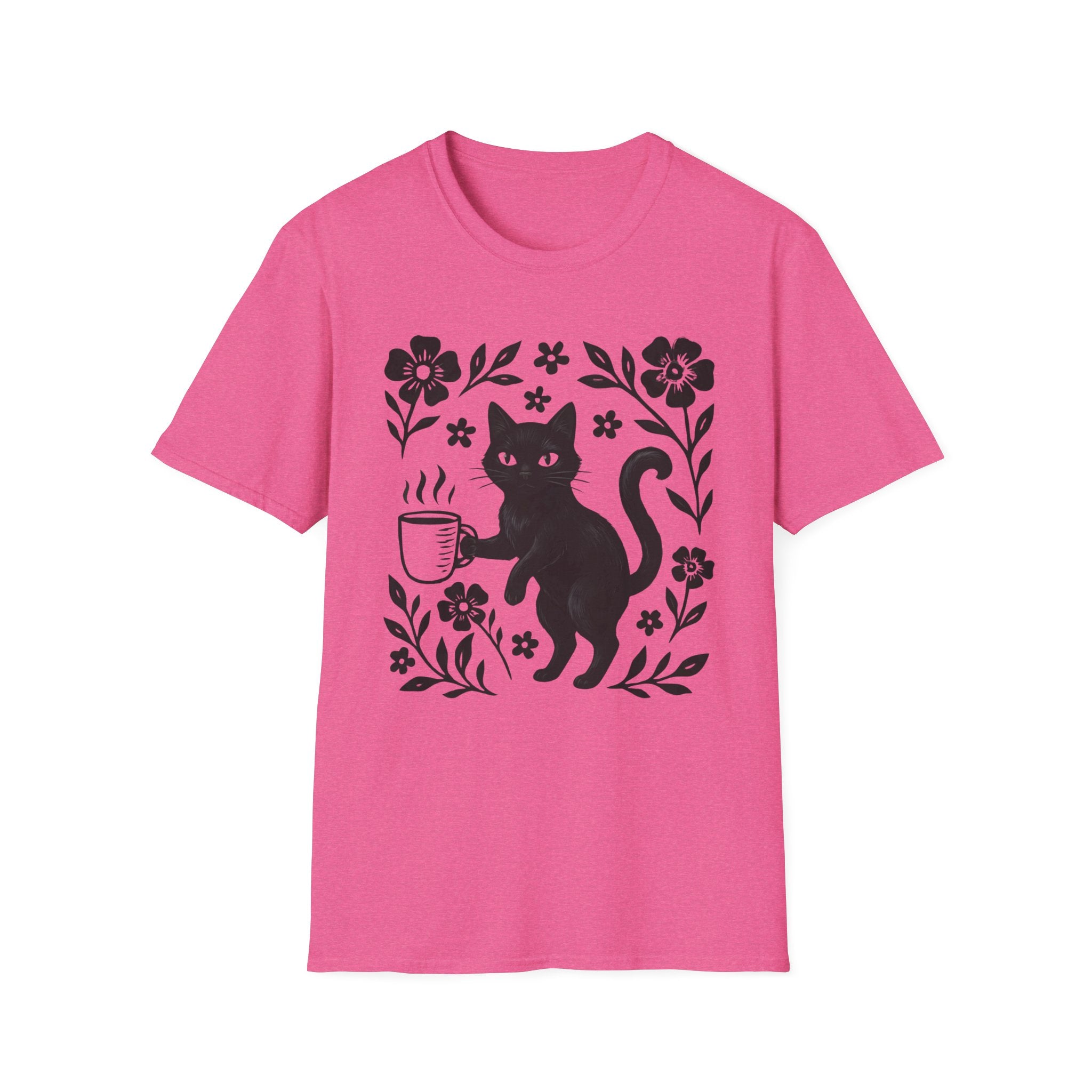 Black Cat & Coffee with Flowers T-Shirt