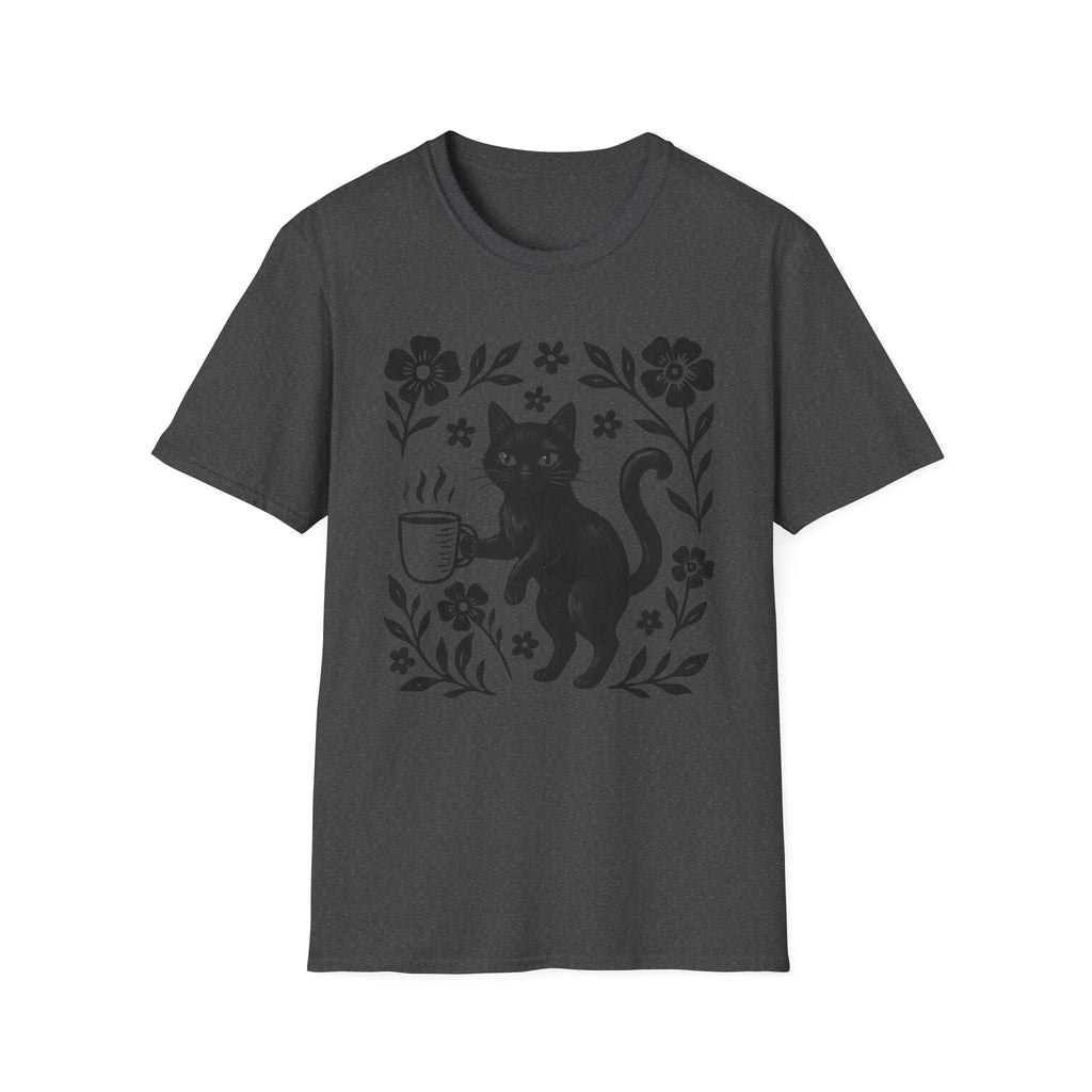 Black Cat & Coffee with Flowers T-Shirt