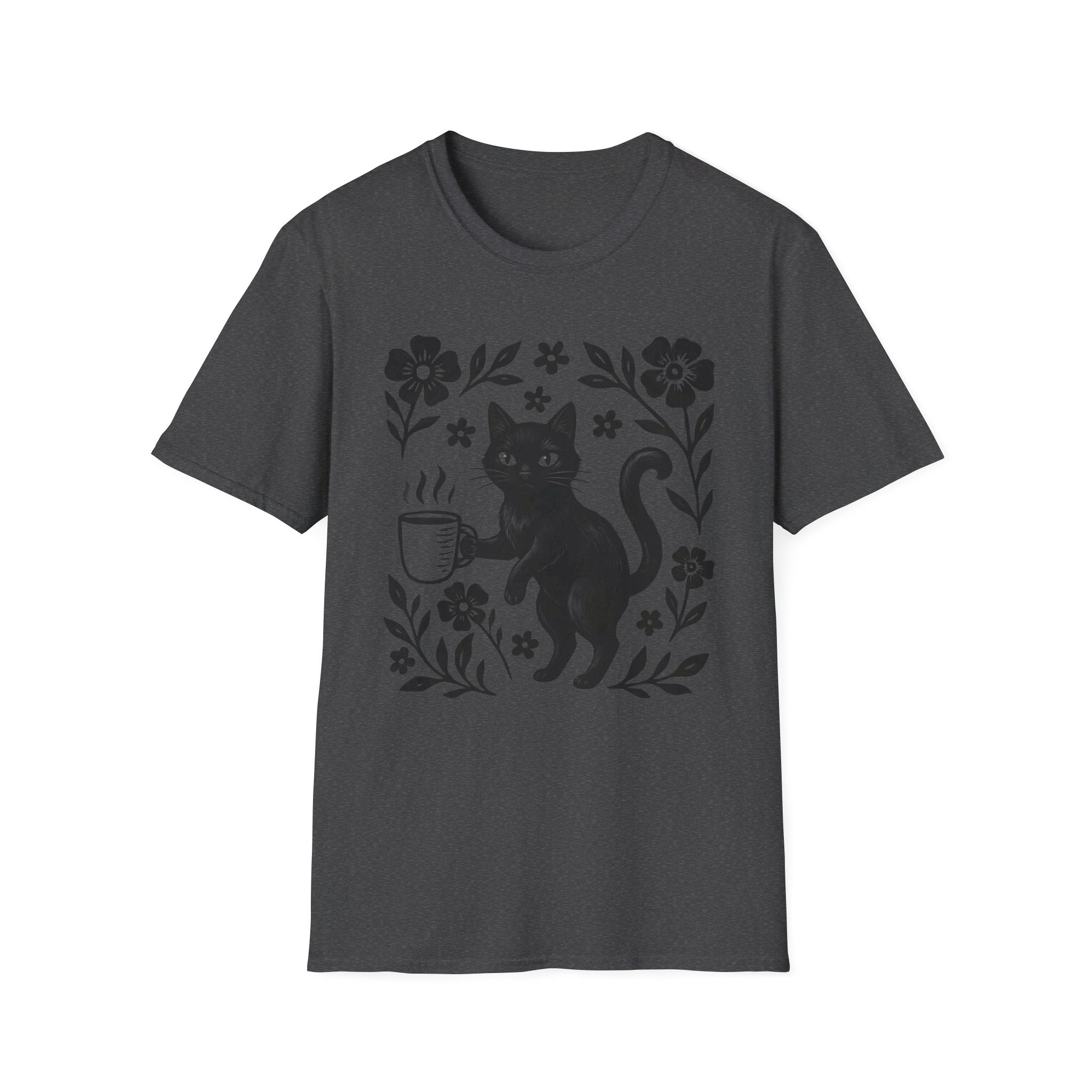 Black Cat & Coffee with Flowers T-Shirt